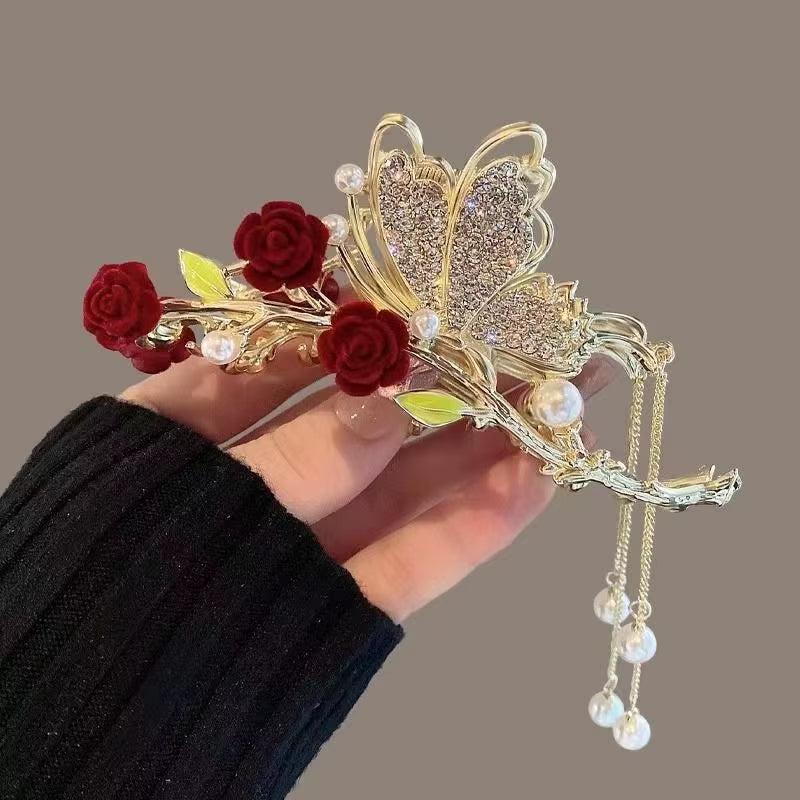 Rose Butterfly Tassel Hair Claws Shiny Crystal Hair Clip Shark Clip for Girls Exquisite Elegance Headdress Hair Accessoires